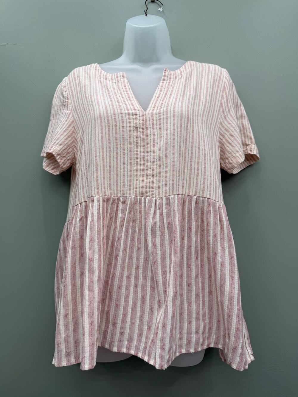 Listicle Cotton Linen Tunic Top L Pink Stripe Babydoll Coastal Boho Blouse